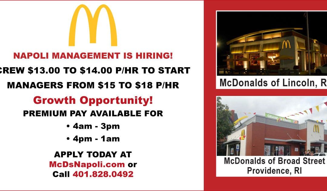 Join the McDonald’s team! We offer great benefits, flexible hours and room for growth. Apply today!