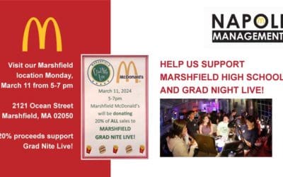 Come enjoy the food you love while supporting this wonderful cause – Our McDonald’s Marshfield location is donating 20% of all sales in support of Grad Nite Live this coming Monday, March 11th from 5-7 pm.